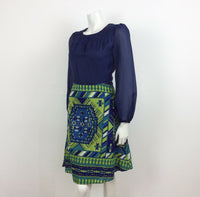 60S 70S VINTAGE PSYCHEDELIC GREEN BLUE COTTON SILKY MINI DRESS 6