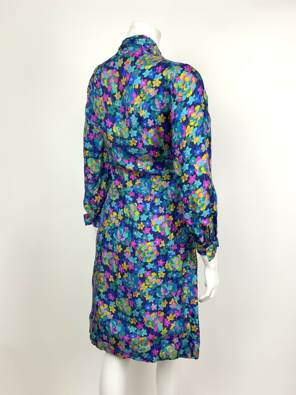 VTG 60s 70s BLUE YELLOW PINK GREEN PSYCHEDELIC FLORAL EMPIRE LINE DRESS 12 14