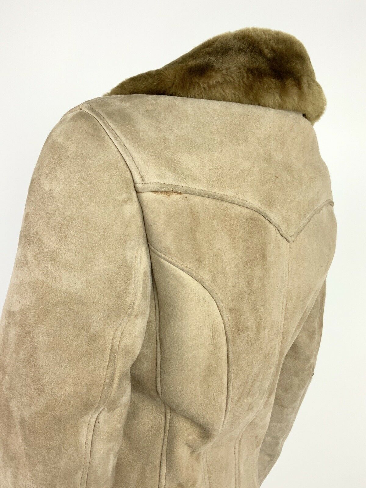 VTG 60s 70s BEIGE BROWN SUEDE LEATHER FUR TRIM SHEARLING HIPPY BOHO COAT 10 12