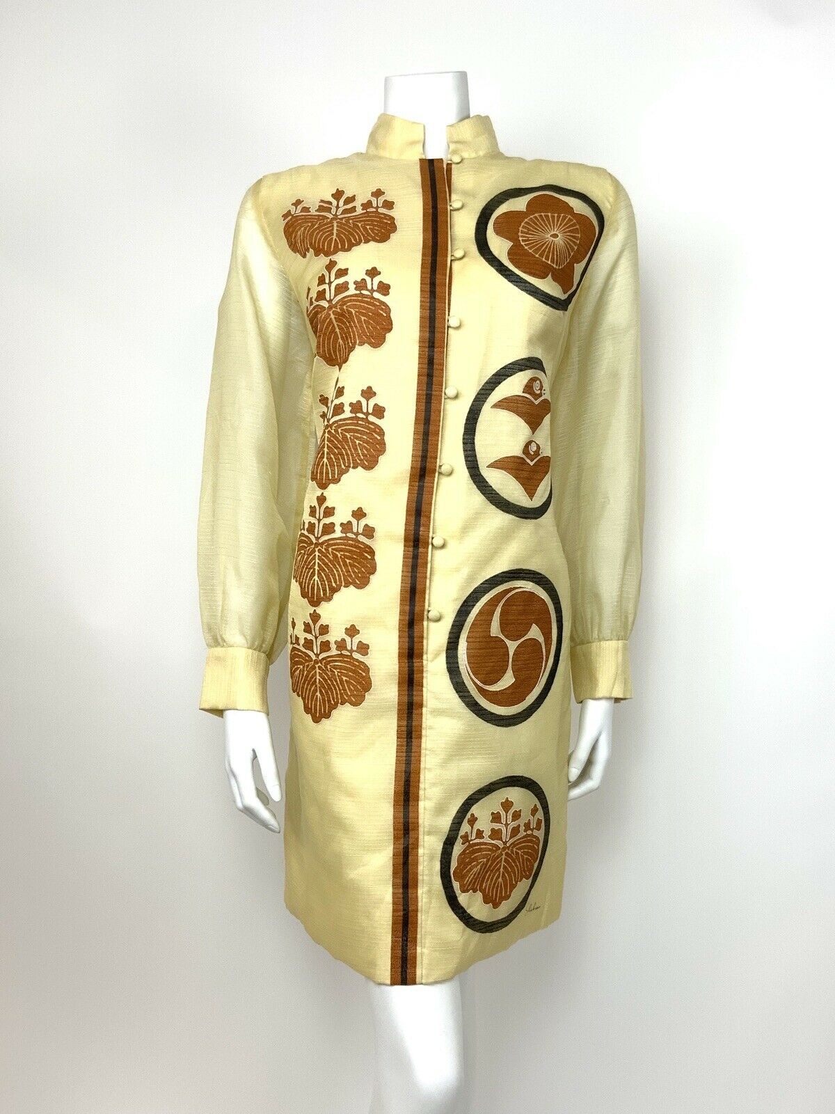 VTG 60s 70s ALFRED SHAHEEN SILK CREAM BROWN BLACK HAWAIIAN ASIAN DRESS 10 12