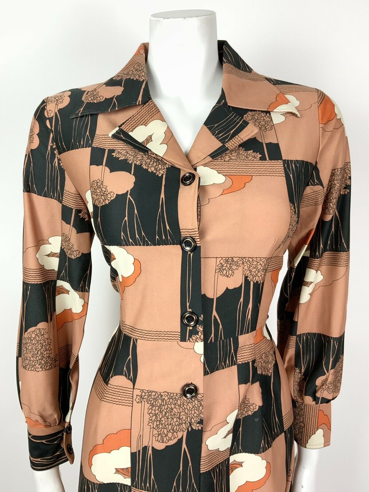 VINTAGE 60s 70s BROWN BLACK WHITE ORANGE TREE LEAF SQUARE DAGGER SHIRT DRESS 14