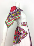 VTG 70S WHITE PINK GREEN COTTON KAFTAN DASHIKI FESTIVAL CAPE SLEEVE DRESS 6