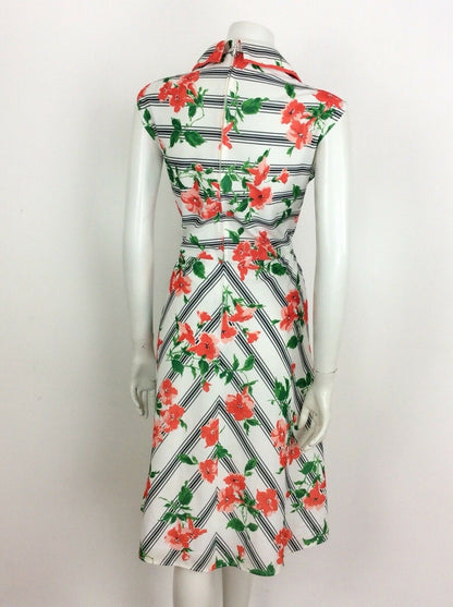 VINTAGE 70s FLORAL STRIPED SUMMER DRESS WHITE RED GREEN 12 14