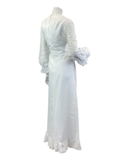 VINTAGE 60s 70s WHITE FLORAL ANGLAISE EMBROIDERED WEDDING BOHO MAXI DRESS 10