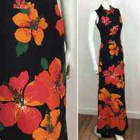 STUNNING VTG 60S 70S BLACK ORANGE RED PSYCHEDLIC FLOWER MAXI DRESS 10