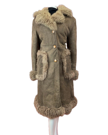 VTG 60s 70s LIGHT BROWN SUEDE LEATHER SHEARLING FUR COLLAR BOHO PENNY COAT 14 16