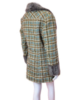 VINTAGE 60s 70s GREEN YELLOW WHITE PLAID CHECKED FAUX FUR MOD WOOL COAT 16 18