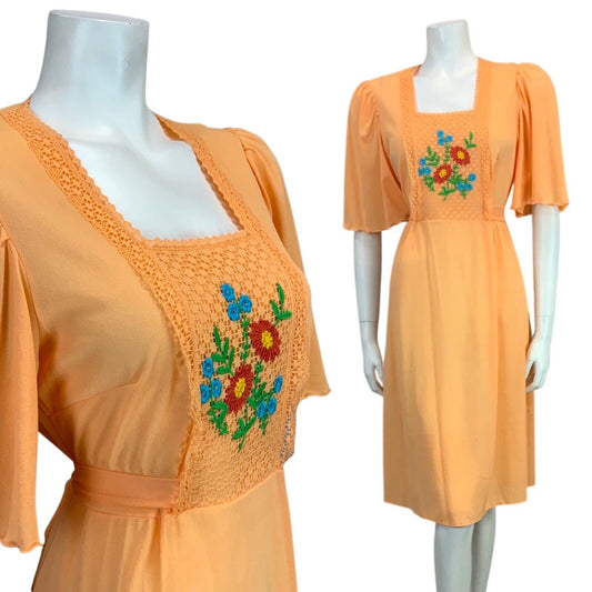 VINTAGE 60s 70s PEACH FLORAL FLOATY BOHO FOLK MIDI DRESS 12 14