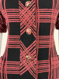 VINTAGE 60s 70s BLACK RED GEOMETRIC PLAID CHECKED FITTED WIGGLE DRESS 8 10