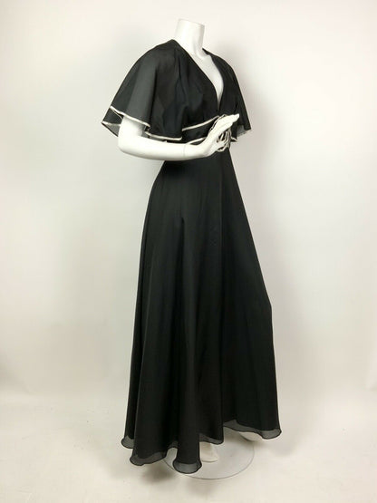 VINTAGE 60s 70s BLACK WHITE SHEER CAPE SLEEVE FLORAL ROSETTE MAXI DRESS 8 10