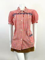 VTG 60s 70s RED WHITE BLUE GINGHAM FLORAL PUFF SLEEVE WESTERN MOD BLOUSE 14 16