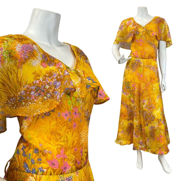 VINTAGE 60s 70s YELLOW PINK PURPLE FLORAL LEAFY PRAIRIE FLOATY MAXI DRESS 14