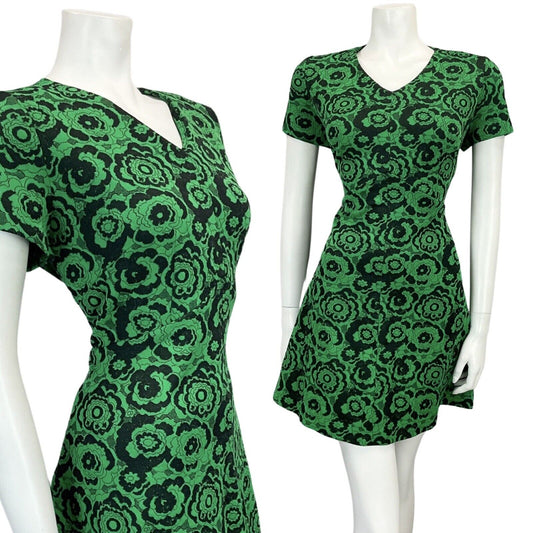 VINTAGE 60s 70s BLACK GREEN FLORAL PATTERN MINI MOD DRESS 16