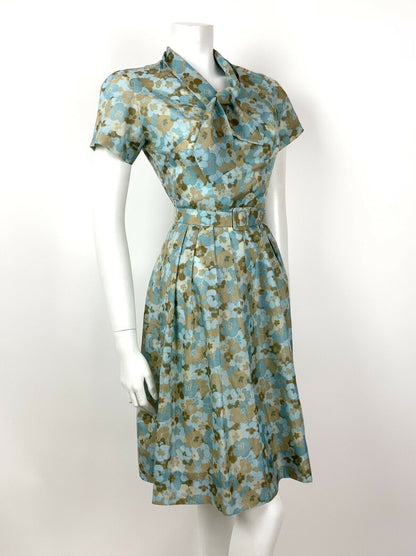 VTG 50s 60s BLUE BEIGE BROWN BELTED PSYCHEDELIC FLORAL PLEATED TEA DRESS 10