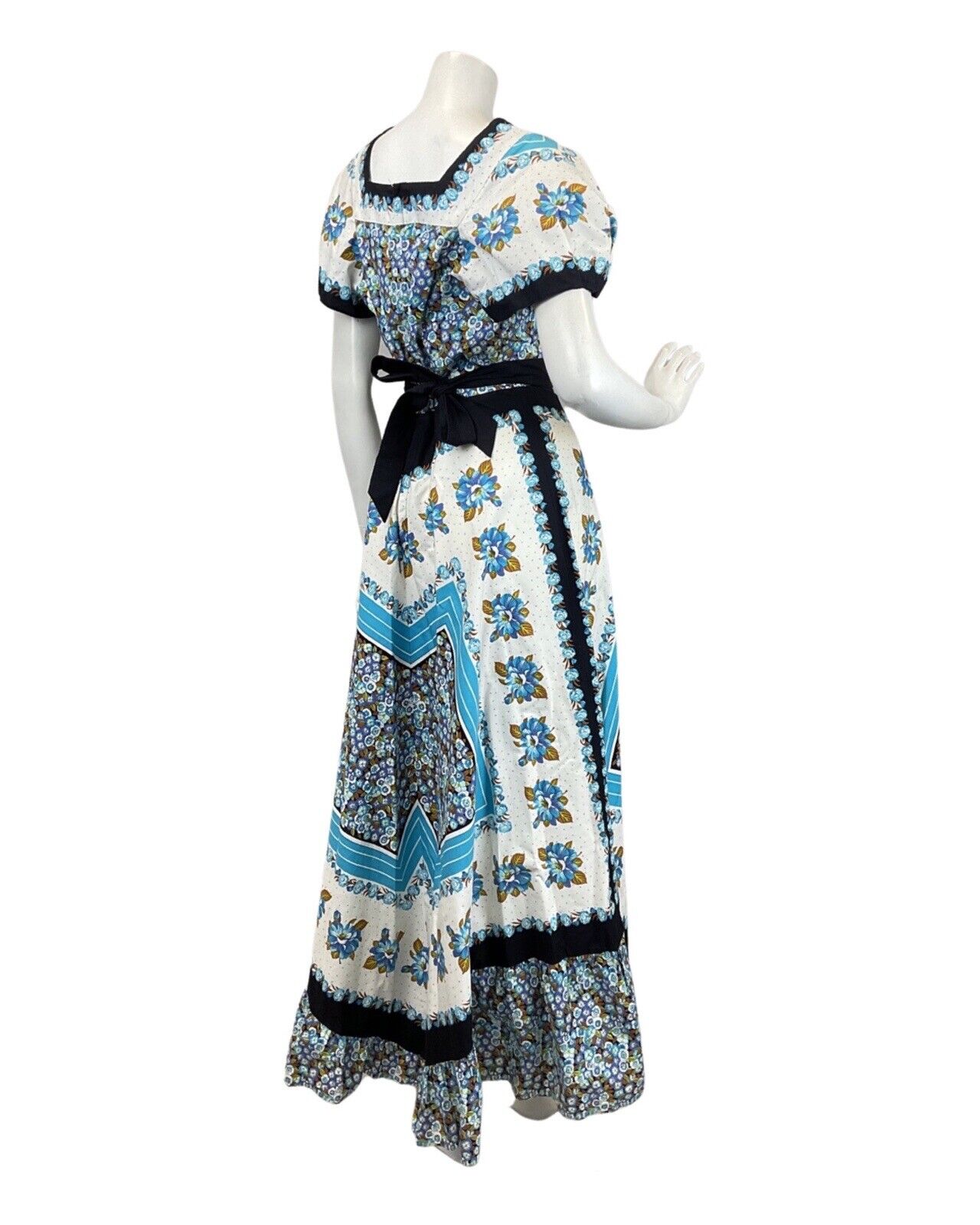 VINTAGE 60s 70s WHITE BLUE BLACK FLORAL BOHO PRAIRIE FOLK MAXI DRESS 10 12