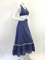 VINTAGE 60s 70s BLUE WHITE POLKA-DOT MOD HALTER RUFFLED MAXI DRESS 8