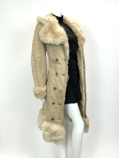 VINTAGE 60s 70s SAND BEIGE DOUBLE-BREASTED BOHO MOD SHEARLING PRINCESS COAT 14