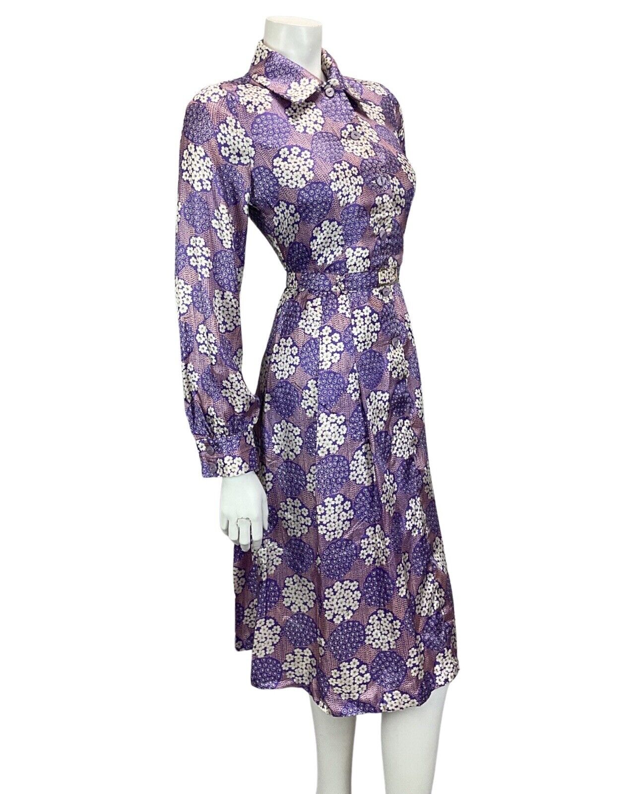 VINTAGE 60S 70S PURPLE LILAC FLORAL PRINT BOHO PSYCHEDELIC MIDI DRESS 12