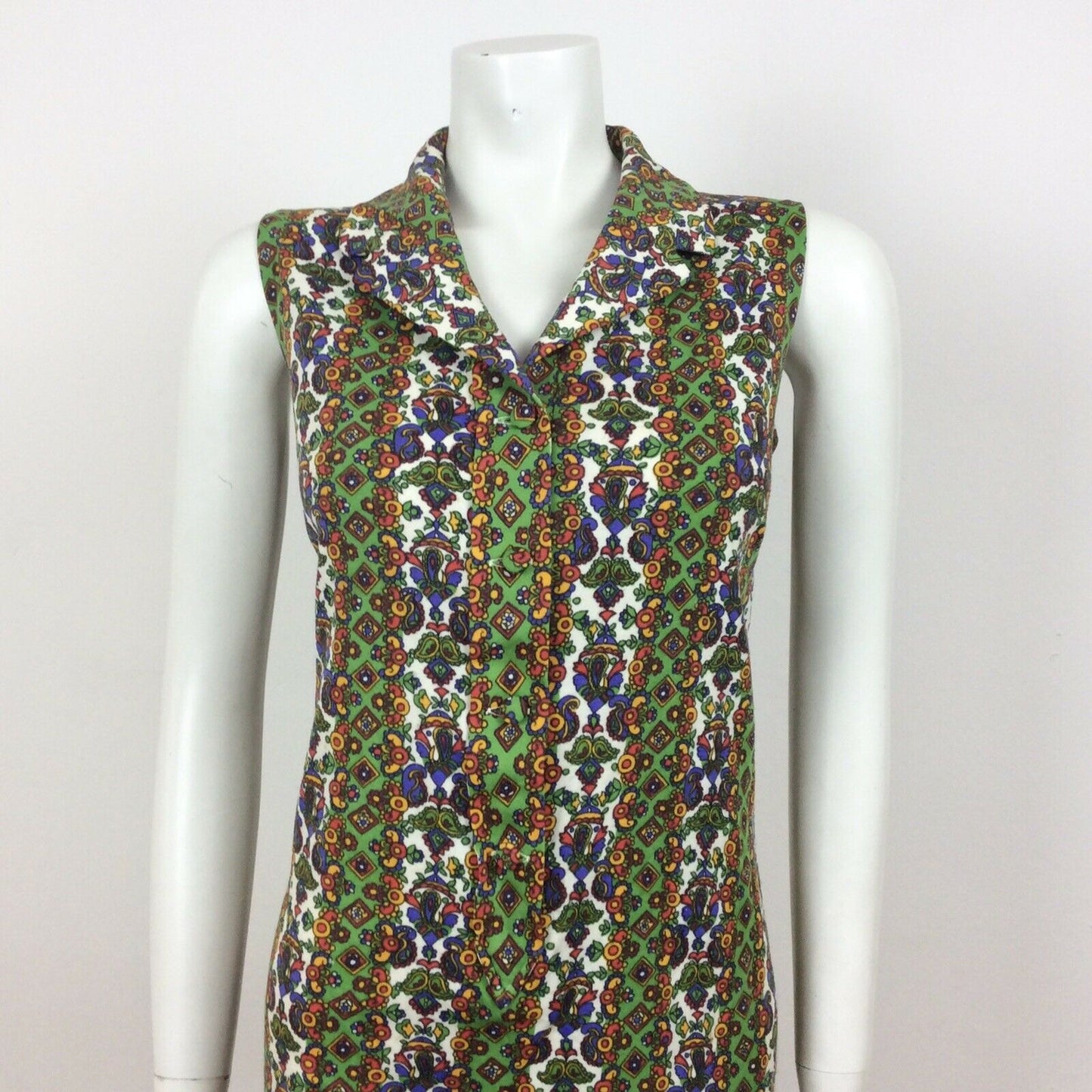 60S VINTAGE PSYCHEDELIC GREEN YELLOW WHITE FLORAL PAISLEY MINI DRESS 16