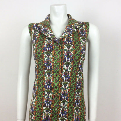 60S VINTAGE PSYCHEDELIC GREEN YELLOW WHITE FLORAL PAISLEY MINI DRESS 16