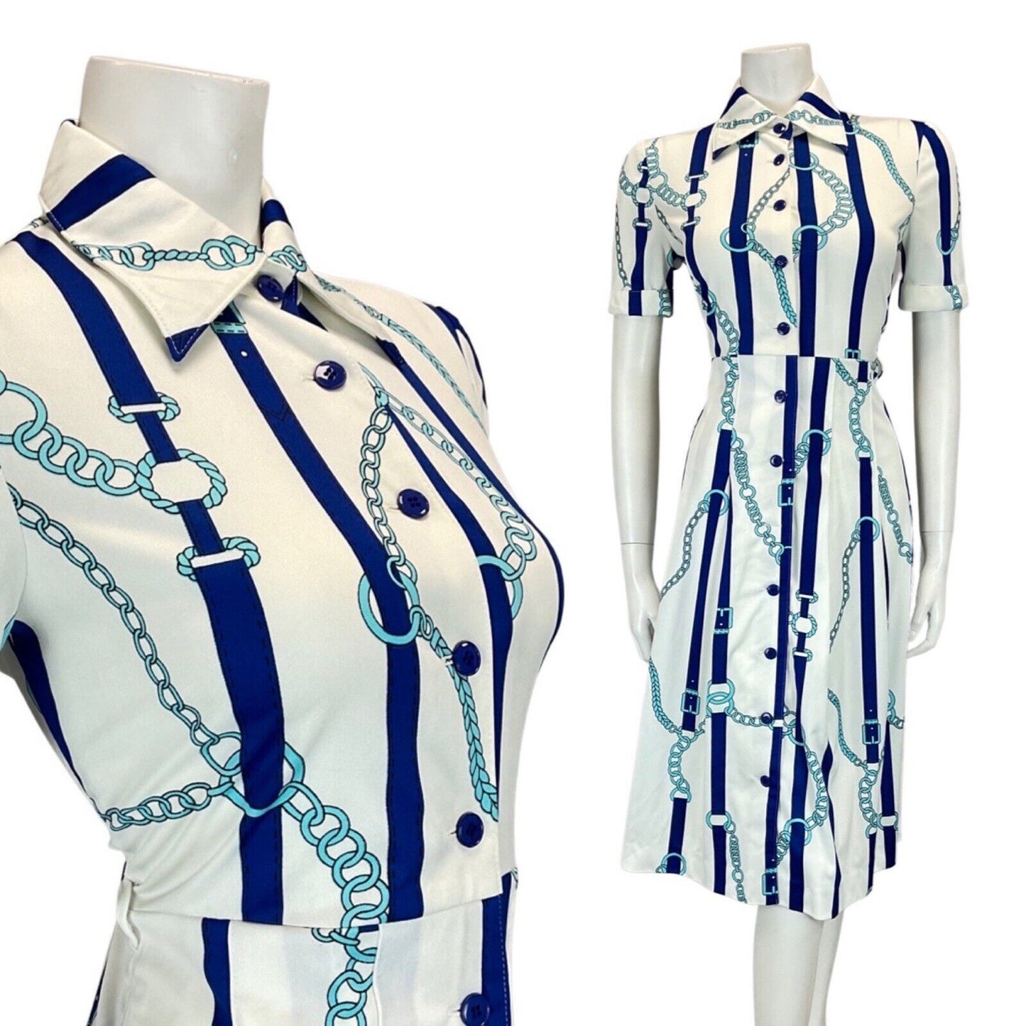 VINTAGE 60s 70s WHITE BLUE BELTED CHAIN MOD DAGGER COLLAR SHIRT DRESS 10