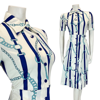 VINTAGE 60s 70s WHITE BLUE BELTED CHAIN MOD DAGGER COLLAR SHIRT DRESS 10