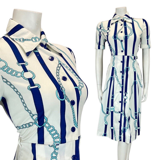 VINTAGE 60s 70s WHITE BLUE BELTED CHAIN MOD DAGGER COLLAR SHIRT DRESS 10