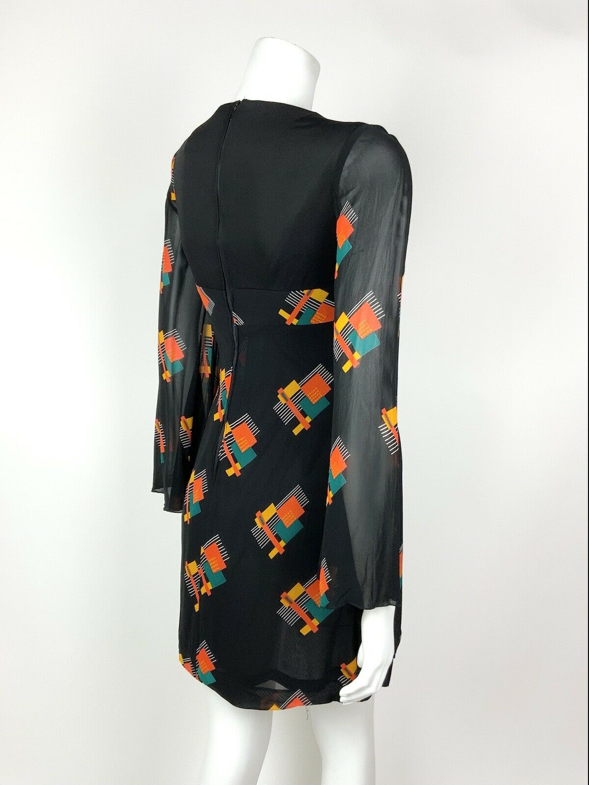 VTG 60s 70s BLACK ORANGE GREEN GEOMETRIC SHEER ANGEL SLEEVE EMPIRE LINE DRESS 8