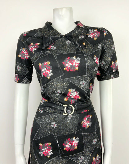 VINTAGE 60s 70s BLACK GREEN PINK YELLOW FLORAL GEOMETRIC DAGGER COLLAR DRESS 12