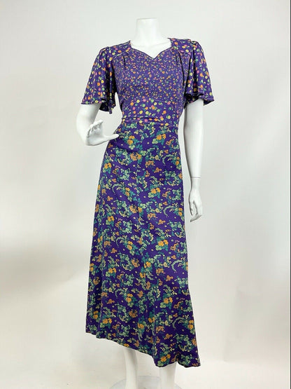 VINTAGE 60s 70s PURPLE PINK GREEN FLORAL DITSY CAPE SLEEVE MOD MAXI DRESS 10 12