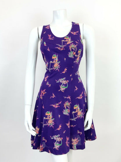 VINTAGE 60s 70s PURPLE ORANGE GREEN FLORAL SLEEVELESS SWING MINI DRESS 10 12