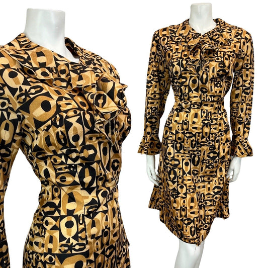 VINTAGE 60s 70s TAN BROWN BLACK PSYCHEDELIC RUFFLE MINI DRESS DRESS 10 12