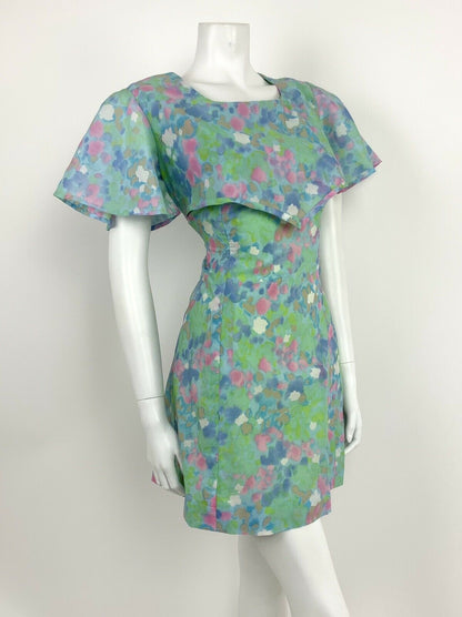 VINTAGE 60s 70s BLUE WHITE PINK GREEN FLORAL FLUTTER SLEEVE CAPE DRESS 12