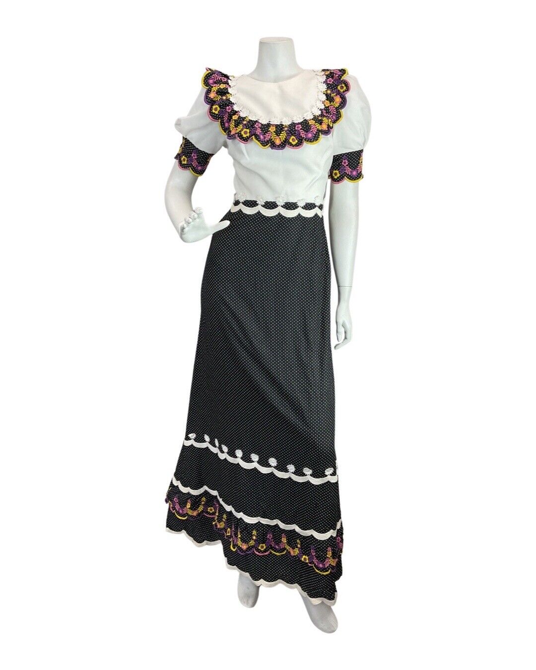 VTG 60s 70s BLACK WHITE PINK POLKA-DOT FLORAL EMBROIDERED BOHO MOD MAXI DRESS 8