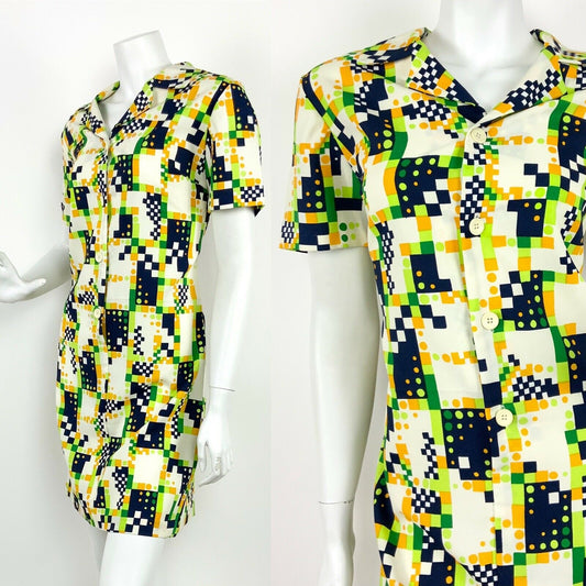 VINTAGE 60s 70s CREAM LIME GREEN BLUE ORANGE GEOMETRIC PIXEL SHIRT DRESS 10 12