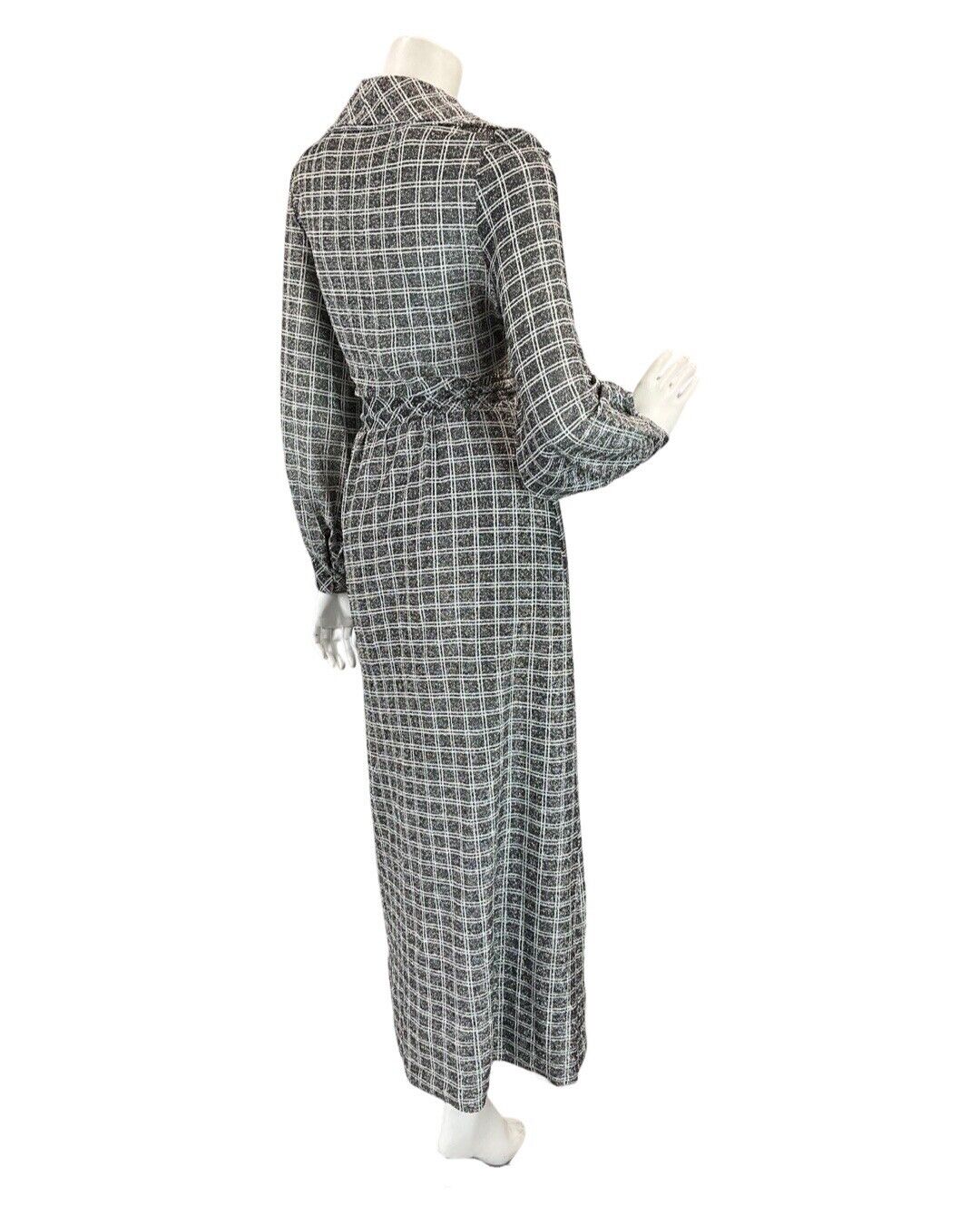 VINTAGE 60s 70s SILVER BLACK GRID CHECKED MOD DAGGER SHIRT MAXI DRESS 12