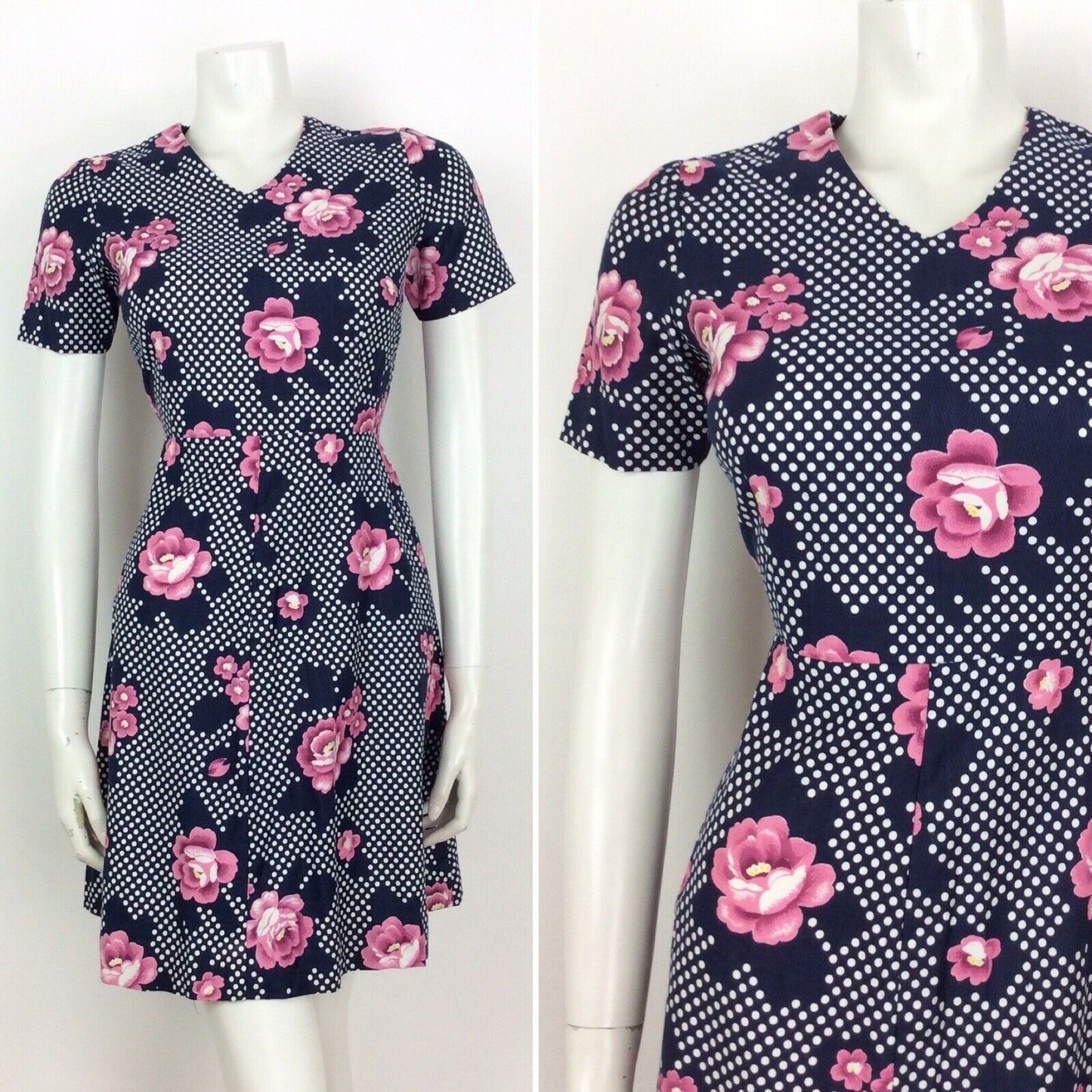 STUNNING VINTAGE 60S 70S POLKA DOT NAVY BLUE WHITE PINK FLORAL DRESS 8 10