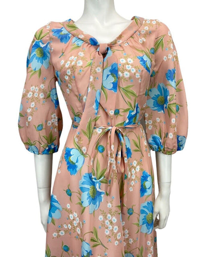 VINTAGE 60s 70s PASTEL PINK BLUE GREEN FLORAL PRINT MIDI TIE NECK DRESS 10 12