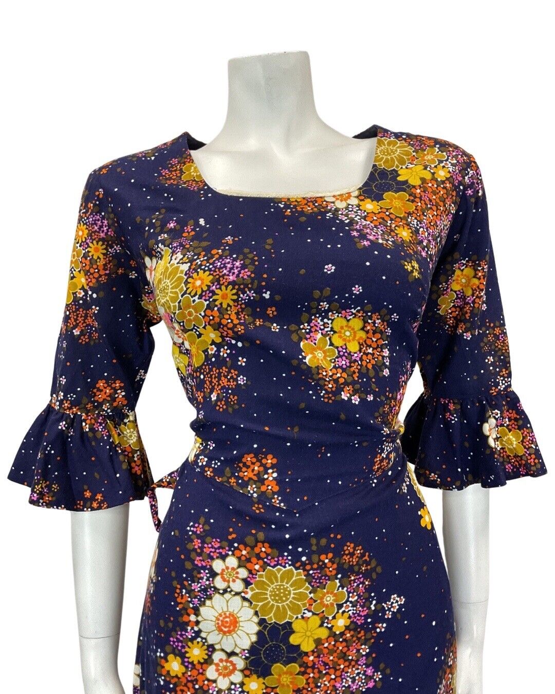 VINTAGE 60 70s BLUE ORANGE YELLOW FLORAL BOUQUET FLOUNCE SLEEVE MOD DRESS 12