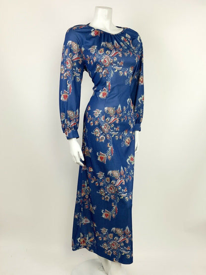 VINTAGE 60s 70s BLUE GREY SILVER RED YELLOW FLORAL PAISLEY MAXI DRESS 10 12