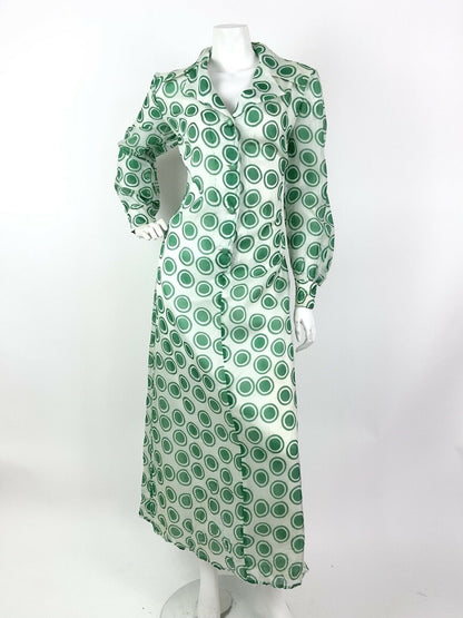 VINTAGE 60s 70s WHITE GREEN POLKA-DOT SHEER MOD DAGGER MAXI DRESS 14 16