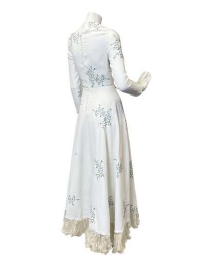 VINTAGE 60s 70s WHITE BLUE GREEN FLORAL EMBROIDERED PRAIRIE WEDDING MAXI DRESS 6