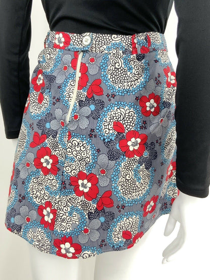 VINTAGE 60s 70s NAVY BLUE WHITE RED PSYCHEDELIC FLORAL MINI SKIRT 10