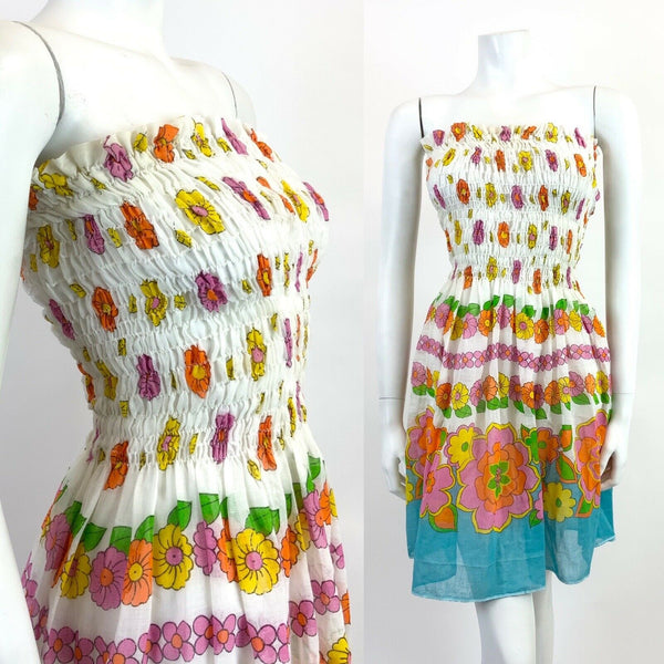 VINTAGE 60s 70s WHITE BLUE PINK ORANGE FLORAL SHIRRED STRAPLESS SUMMER DRESS 6 8