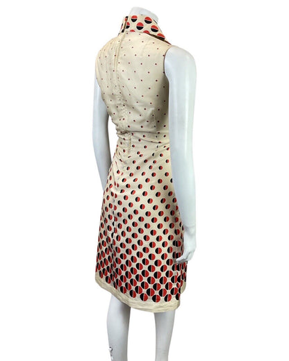 VINTAGE 60s 70s CREAM RED BLACK DOTTY WING COLLAR SLEEVELESS MIDI DRESS 10 12