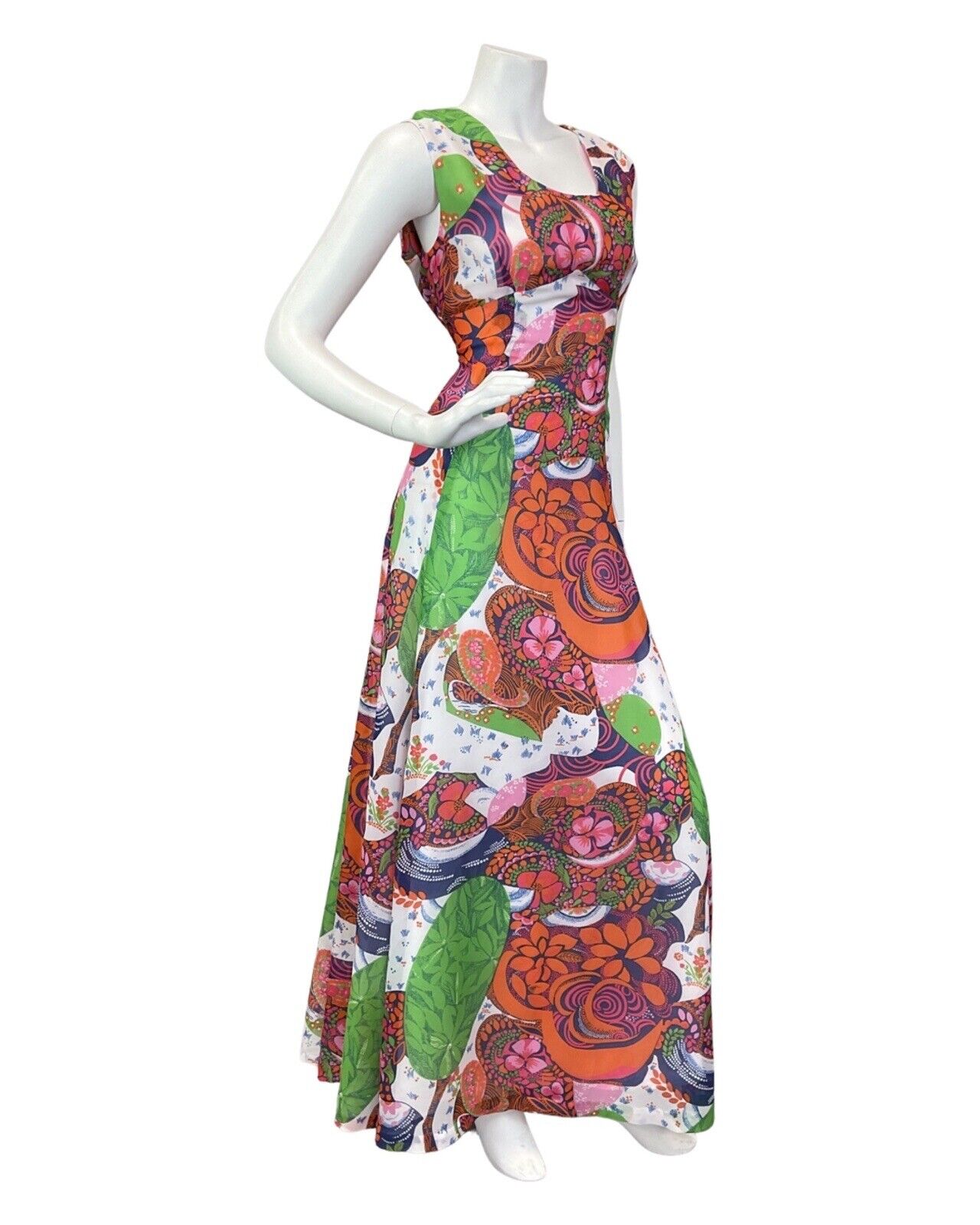 VTG 60s 70s ORANGE BLUE WHITE PSYCHEDELIC FLORAL LEAFY SLEEVELESS MAXI DRESS 12