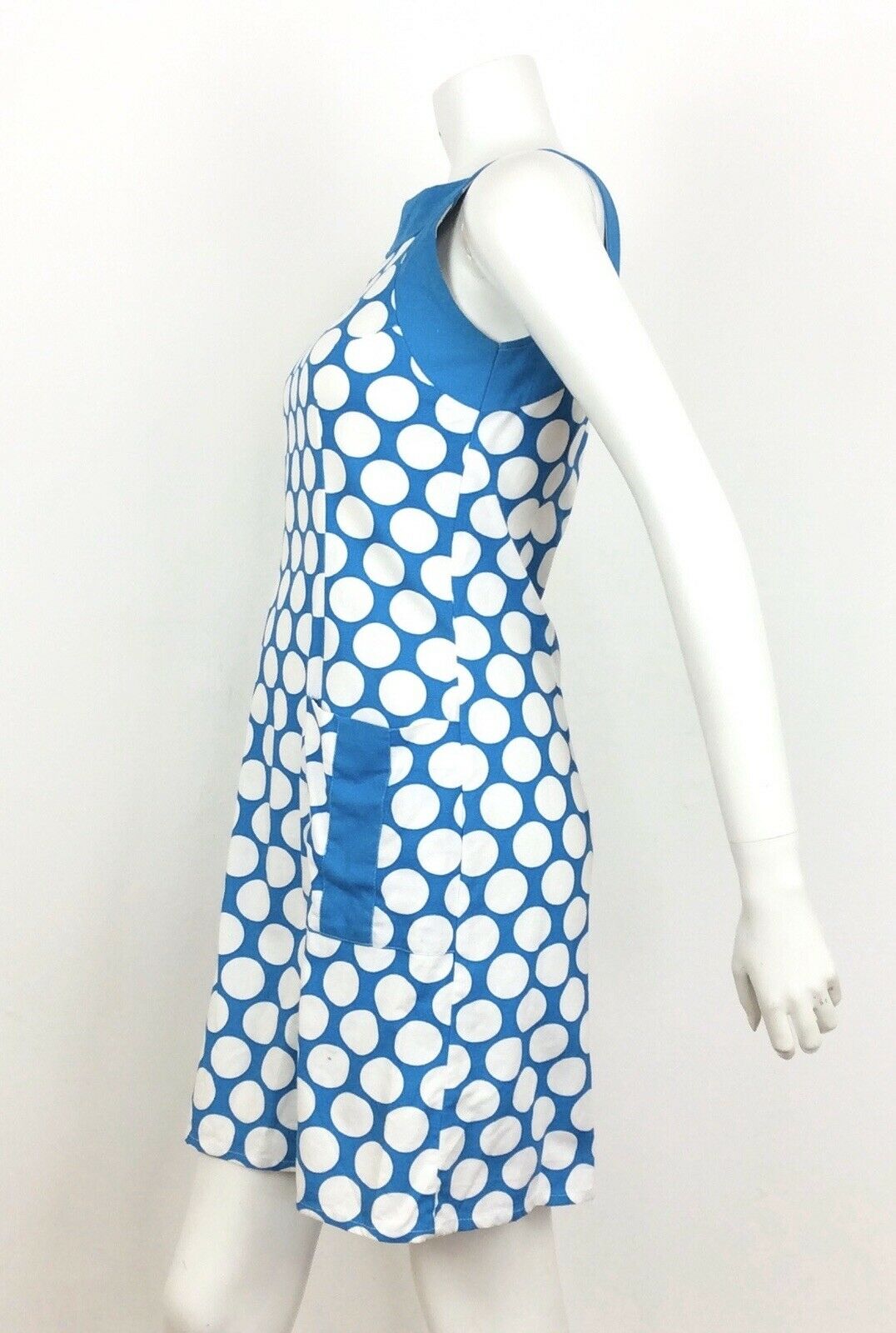 VTG 60S 70S BLUE WHITE SPOTTED COTTON SUMMER DRESS 8