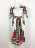 VTG 70S WHITE PINK GREEN COTTON KAFTAN DASHIKI FESTIVAL CAPE SLEEVE DRESS 6