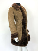 VINTAGE 60s 70s SOFT BROWN SUEDE LEATHER SHEARLING BOHO MOD PENNY LANE COAT 12