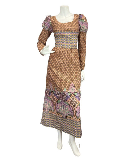 VTG 60s 70s BROWN PURPLE GREEN PAISLEY FLORAL BOHO FOLK PRAIRIE MAXI DRESS 8 10